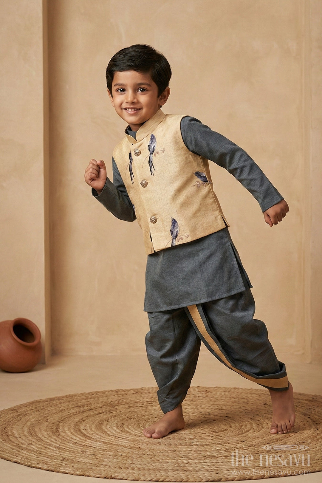 The Nesavu Boys Dothi Set Boys Black Silk Blend Dhoti Set with Green Kurta and Nehru Jacket for Special Festive Occasions Nesavu 10 (NB) / Black BES585B-10 Nesavu Boys Green Kurta Black Dhoti Set Beige Nehru Jacket Festive Cultural Occasions
