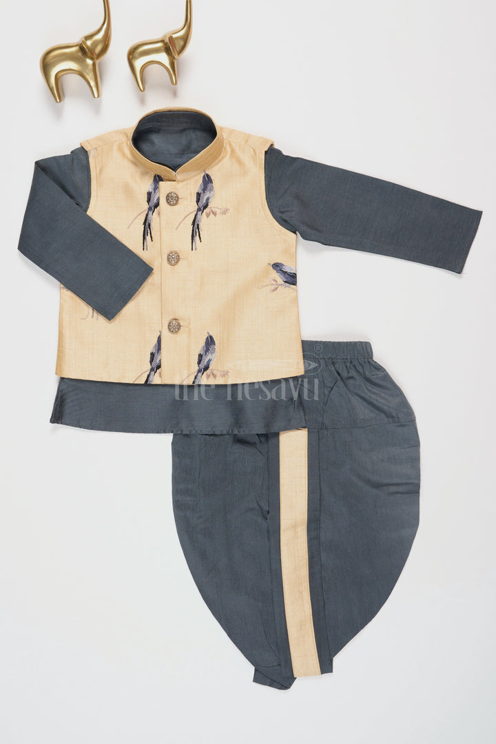 The Nesavu Boys Dothi Set Boys Black Silk Blend Dhoti Set with Green Kurta and Nehru Jacket for Special Festive Occasions Nesavu 10 (NB) / Black BES585B-10 Nesavu Boys Green Kurta Black Dhoti Set Beige Nehru Jacket Festive Cultural Occasions