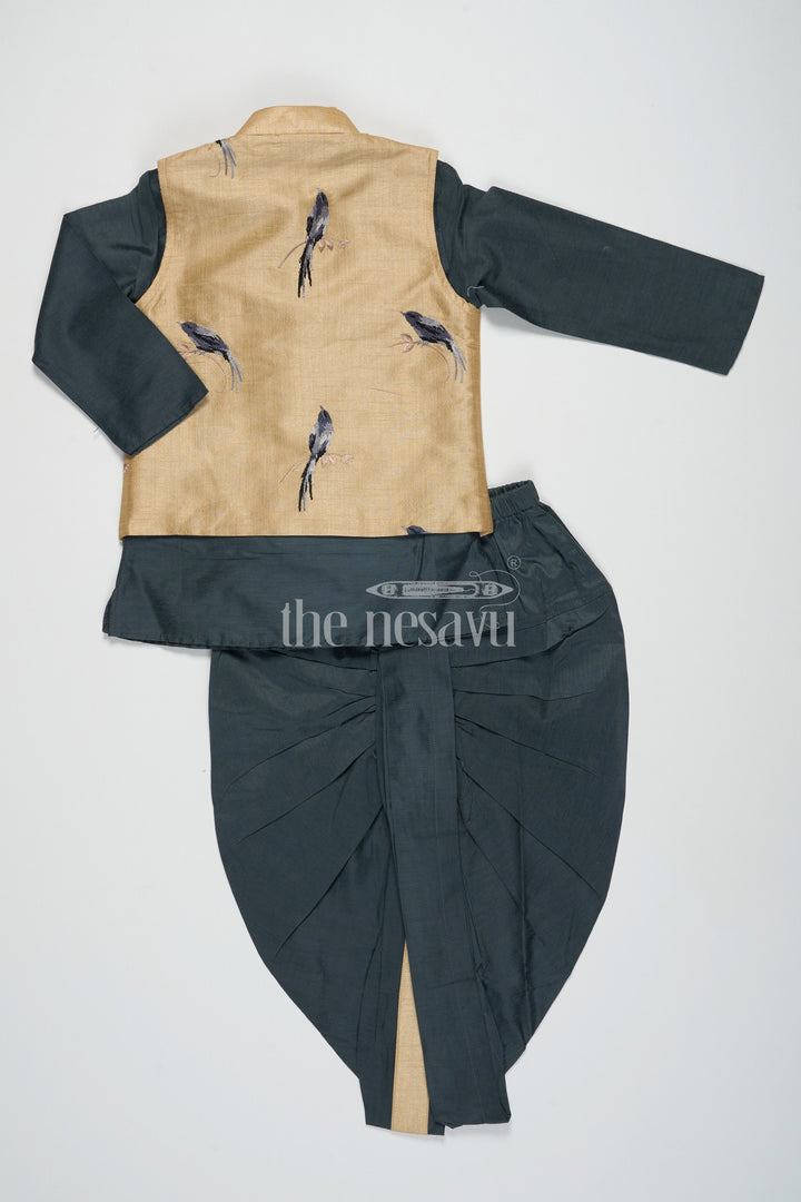 The Nesavu Boys Dothi Set Boys Black Silk Blend Dhoti Set with Green Kurta and Nehru Jacket for Special Festive Occasions Nesavu Nesavu Boys Green Kurta Black Dhoti Set Beige Nehru Jacket Festive Cultural Occasions