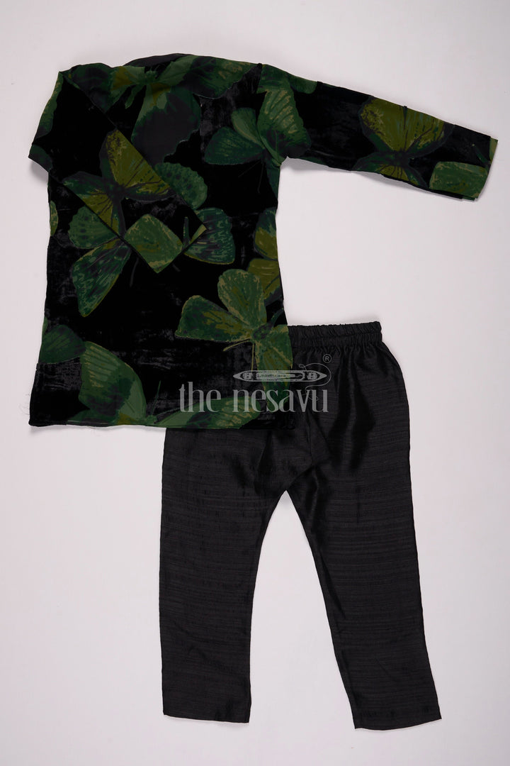 The Nesavu Boys Casual Set Boys Black Velvet Brazzo Casual Shirt with Butterfly Print and Stylish Pants Nesavu Nesavu Boys Black Velvet Casual Shirt Green Butterfly Print Stylish Pants