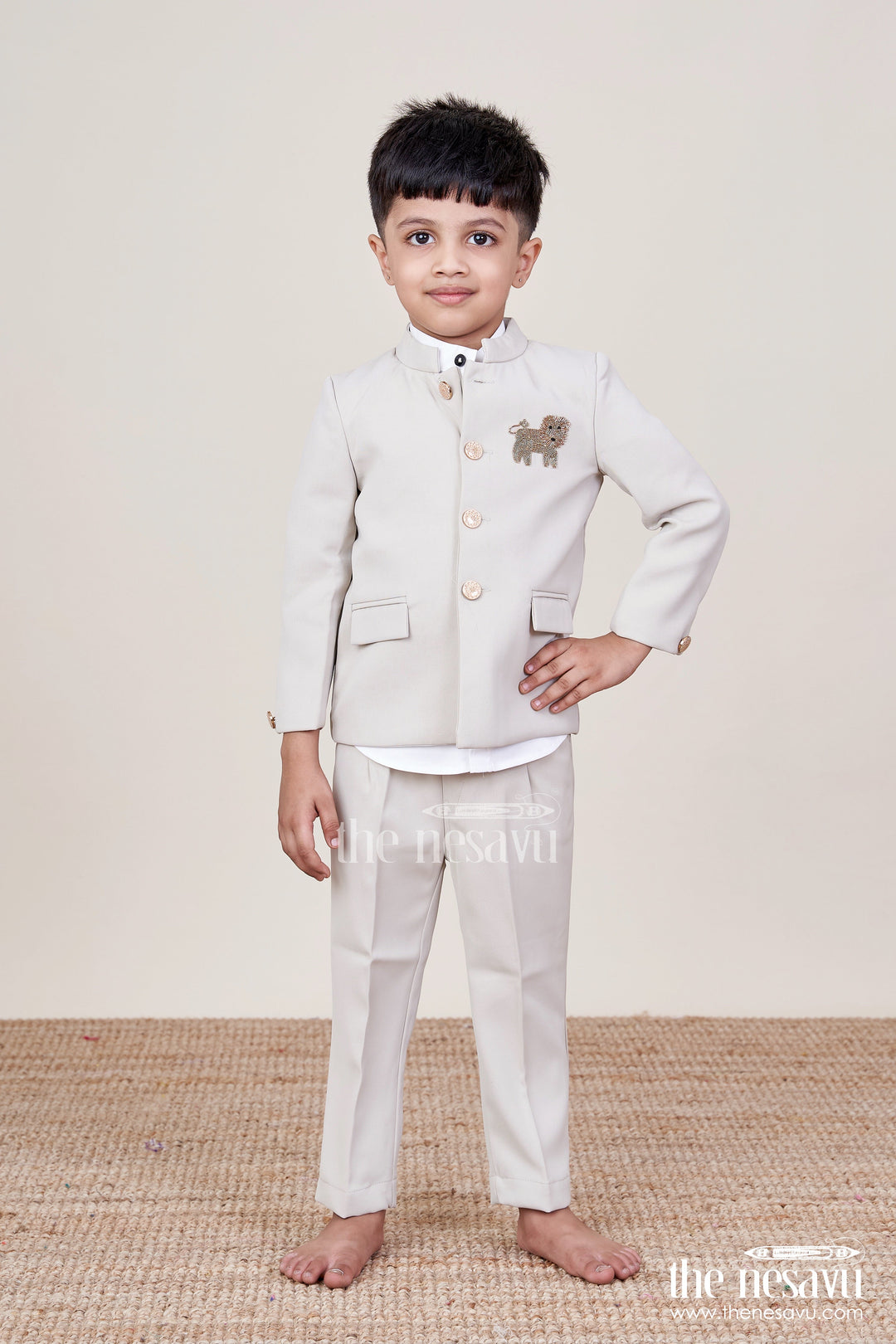 The Nesavu Boys Blazer Set Boys Blazer Set for Weddings and Formal Family Functions Nesavu 16 (1Y) / Beige BES912A-16 Nesavu boys formal blazer set statement jacket weddings special occasions