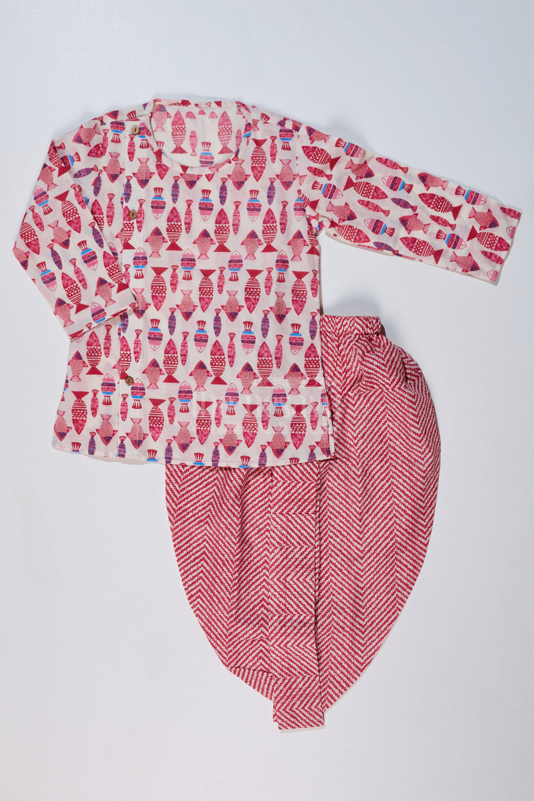 The Nesavu Boys Dothi Set Boys Block Print Dhoti Kurta Set in Cotton with Ethnic Fish Motif Design Nesavu 10 (NB) / Pink BES632A-10 Boys Block Print Cotton Dhoti Kurta Set Fish Motif Chevron Dhoti | The Nesavu