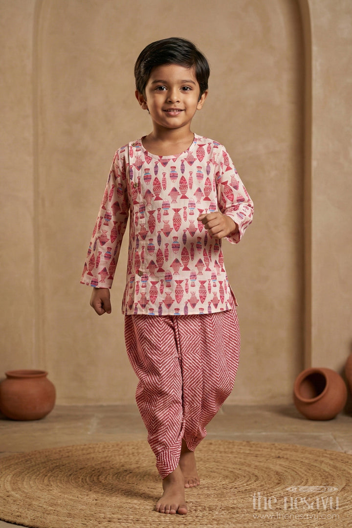 The Nesavu Boys Dothi Set Boys Block Print Dhoti Kurta Set in Cotton with Ethnic Fish Motif Design Nesavu 10 (NB) / Pink BES632A-10 Boys Block Print Cotton Dhoti Kurta Set Fish Motif Chevron Dhoti | The Nesavu