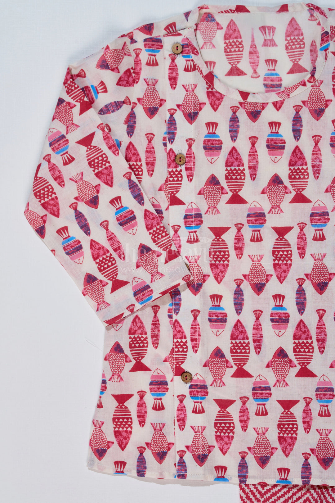 The Nesavu Boys Dothi Set Boys Block Print Dhoti Kurta Set in Cotton with Ethnic Fish Motif Design Nesavu Boys Block Print Cotton Dhoti Kurta Set Fish Motif Chevron Dhoti | The Nesavu