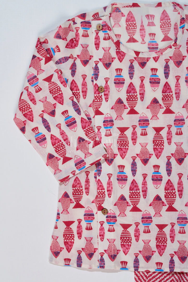 The Nesavu Boys Dothi Set Boys Block Print Dhoti Kurta Set in Cotton with Ethnic Fish Motif Design Nesavu Nesavu Boys Block Print Cotton Dhoti Kurta Set Fish Motif Chevron Dhoti