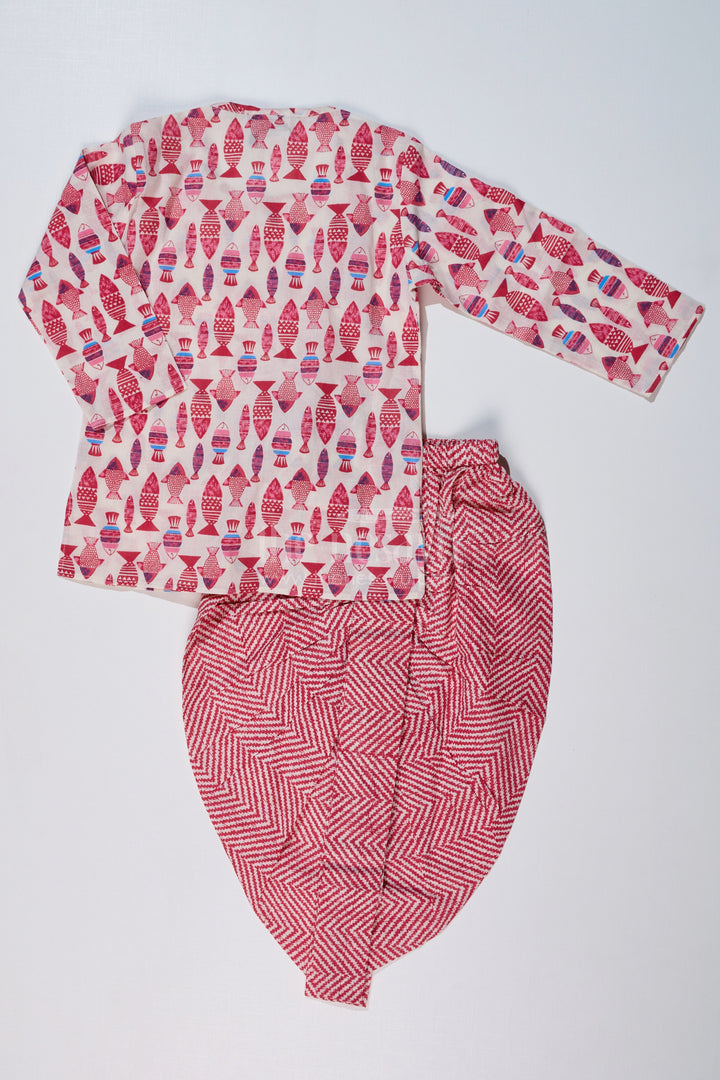 The Nesavu Boys Dothi Set Boys Block Print Dhoti Kurta Set in Cotton with Ethnic Fish Motif Design Nesavu Nesavu Boys Block Print Cotton Dhoti Kurta Set Fish Motif Chevron Dhoti