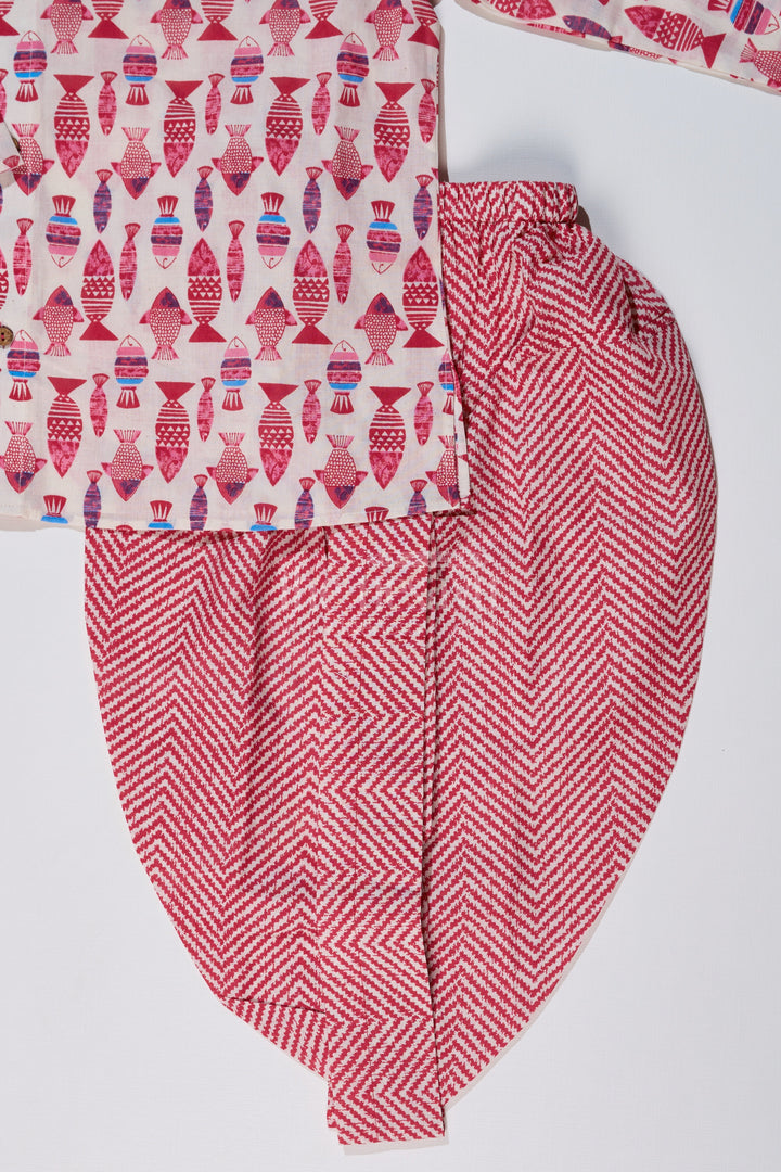 The Nesavu Boys Dothi Set Boys Block Print Dhoti Kurta Set in Cotton with Ethnic Fish Motif Design Nesavu Nesavu Boys Block Print Cotton Dhoti Kurta Set Fish Motif Chevron Dhoti