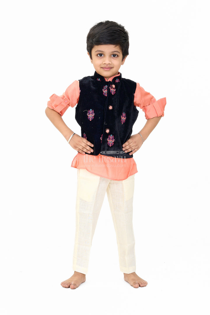 The Nesavu Boys Dothi Set Boys Blue and Peach Kurta Set with Embroidered Nehru Jacket and Cream Pants for Festive Wear Nesavu 14 (6M) / Blue BES625A-14 Nesavu Boys Blue Peach Kurta Set Embroidered Nehru Jacket Cream Pants Weddings