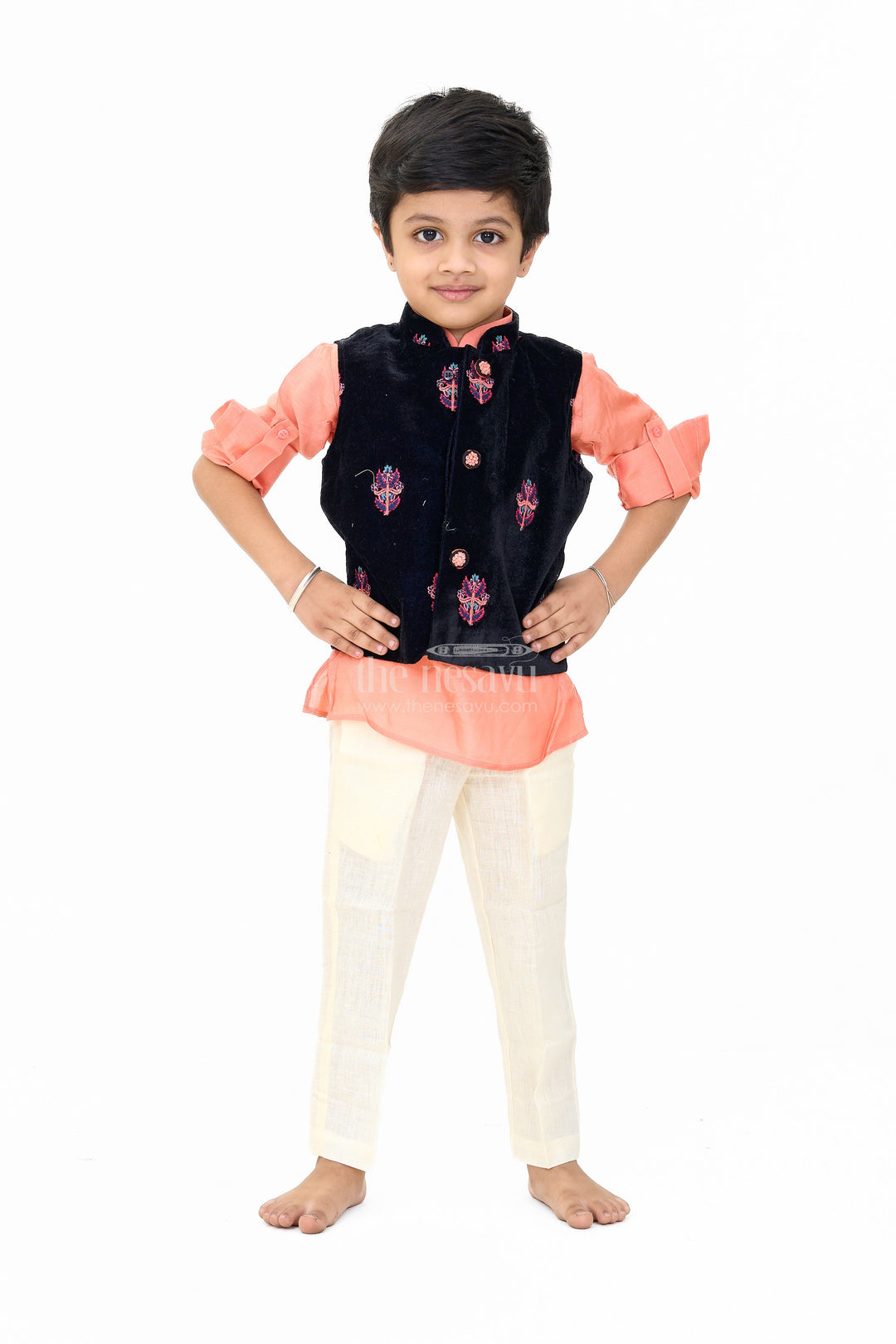 The Nesavu Boys Jacket Sets Boys Blue and Peach Kurta Set with Embroidered Nehru Jacket and Cream Pants for Festive Wear Nesavu 14 (6M) / Blue BES625A-14 Boys Blue Peach Kurta Set Embroidered Nehru Jacket Cream Pants Weddings | The Nesavu