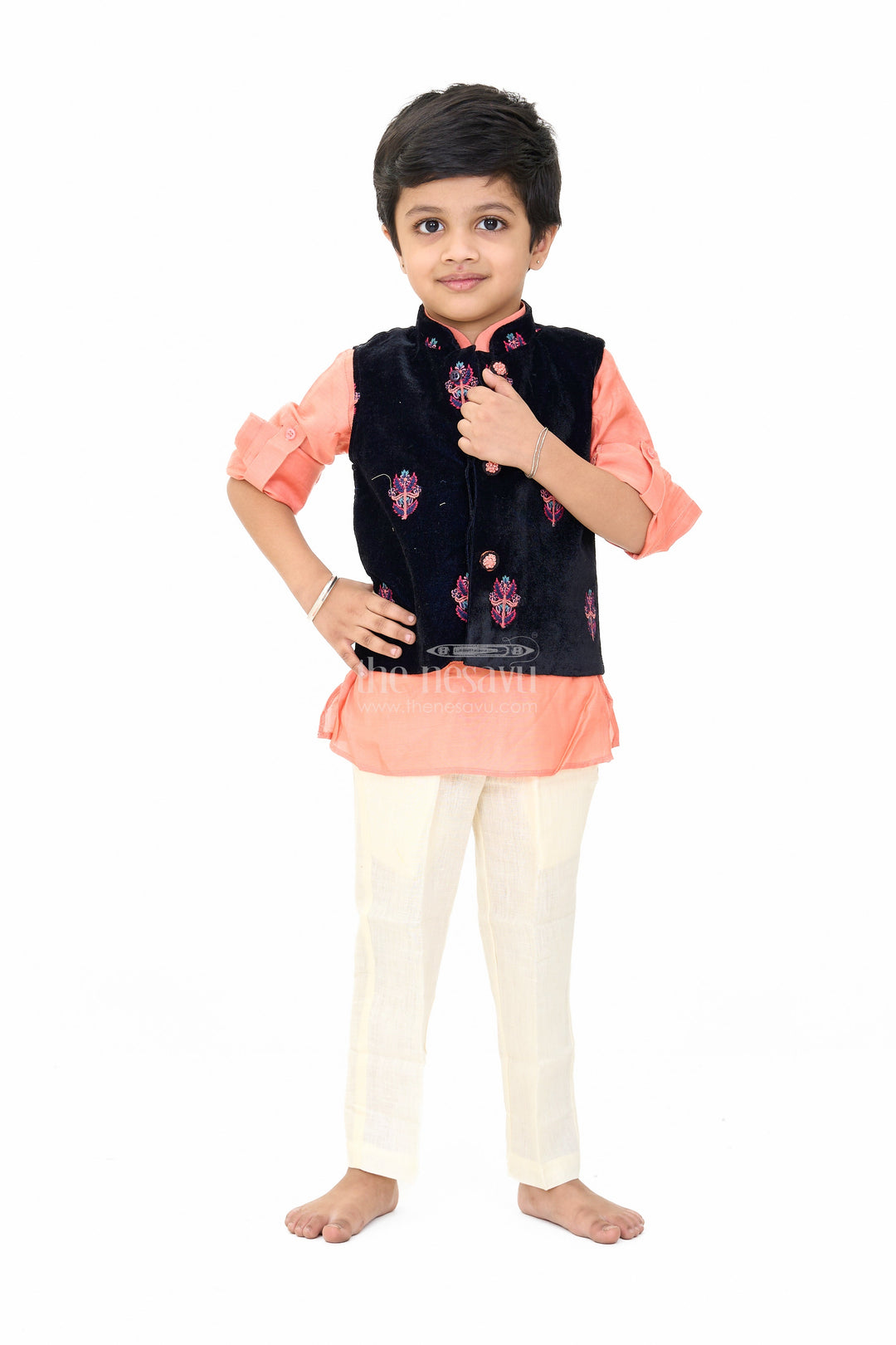 The Nesavu Boys Jacket Sets Boys Blue and Peach Kurta Set with Embroidered Nehru Jacket and Cream Pants for Festive Wear Nesavu Boys Blue Peach Kurta Set Embroidered Nehru Jacket Cream Pants Weddings | The Nesavu