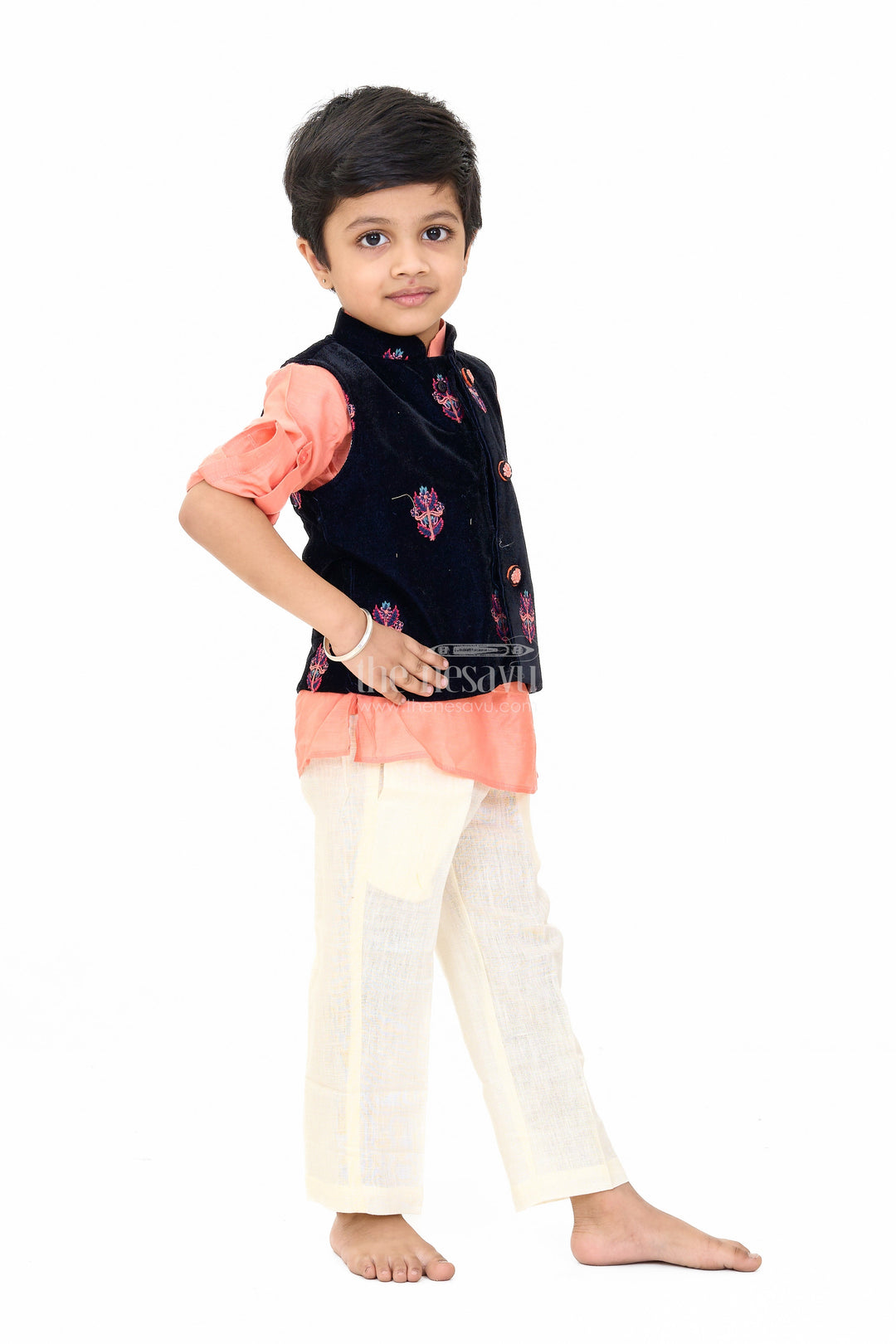 The Nesavu Boys Jacket Sets Boys Blue and Peach Kurta Set with Embroidered Nehru Jacket and Cream Pants for Festive Wear Nesavu Boys Blue Peach Kurta Set Embroidered Nehru Jacket Cream Pants Weddings | The Nesavu