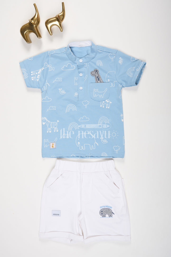 The Nesavu Boys Casual Set Boys Blue Animal Print Shirt and White Elephant Shorts Set Nesavu 14 (6M) / Blue BCS119A-14 Boys Blue Animal Print Shirt and White Elephant Shorts Set Nesavu