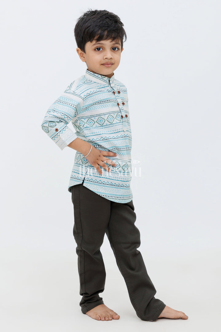 The Nesavu Boys Casual Set Boys Blue Aztec Geometric Print Shirt with Black Slim-Fit Pants - Modern Formal Set Nesavu 16 (1Y) / Blue BCS148A-16 Nesavu Boys Black Slim-Fit Pants Blue Geometric Print Shirt - Ethnic Modern Casual Set