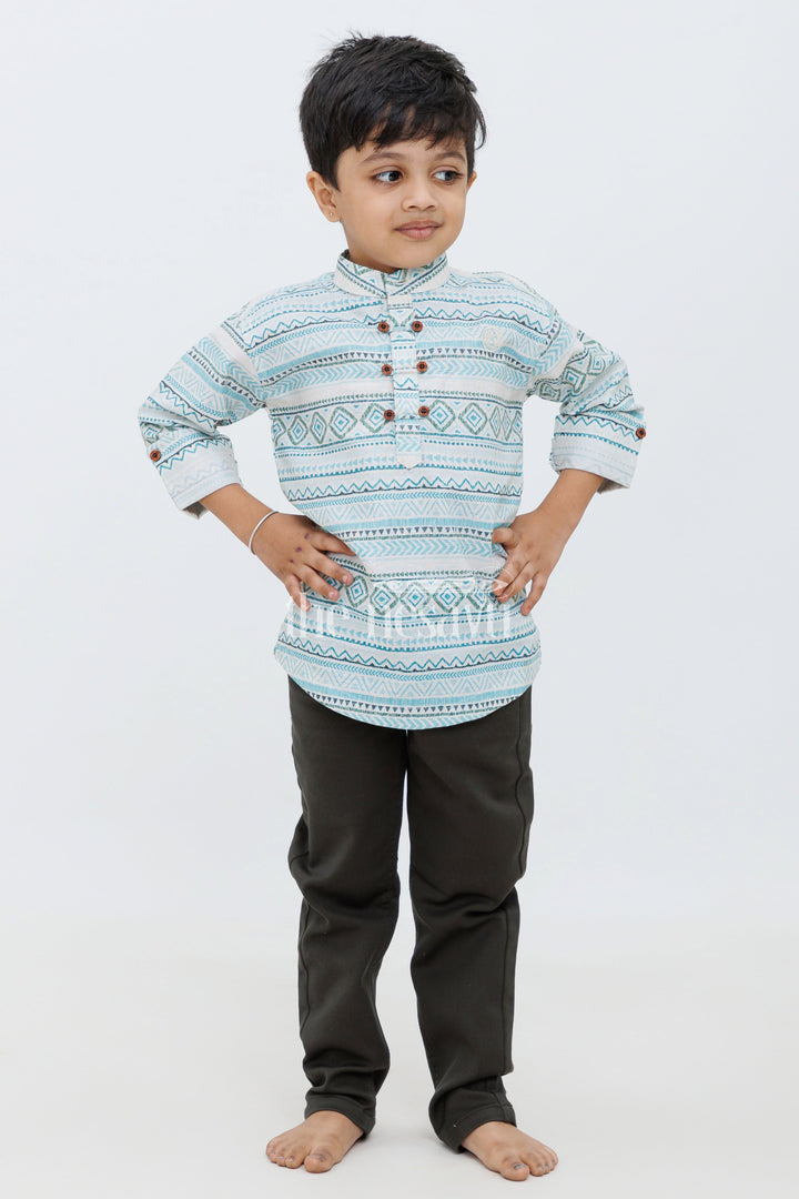 The Nesavu Boys Casual Set Boys Blue Aztec Geometric Print Shirt with Black Slim-Fit Pants - Modern Formal Set Nesavu Nesavu Boys Black Slim-Fit Pants Blue Geometric Print Shirt - Ethnic Modern Casual Set