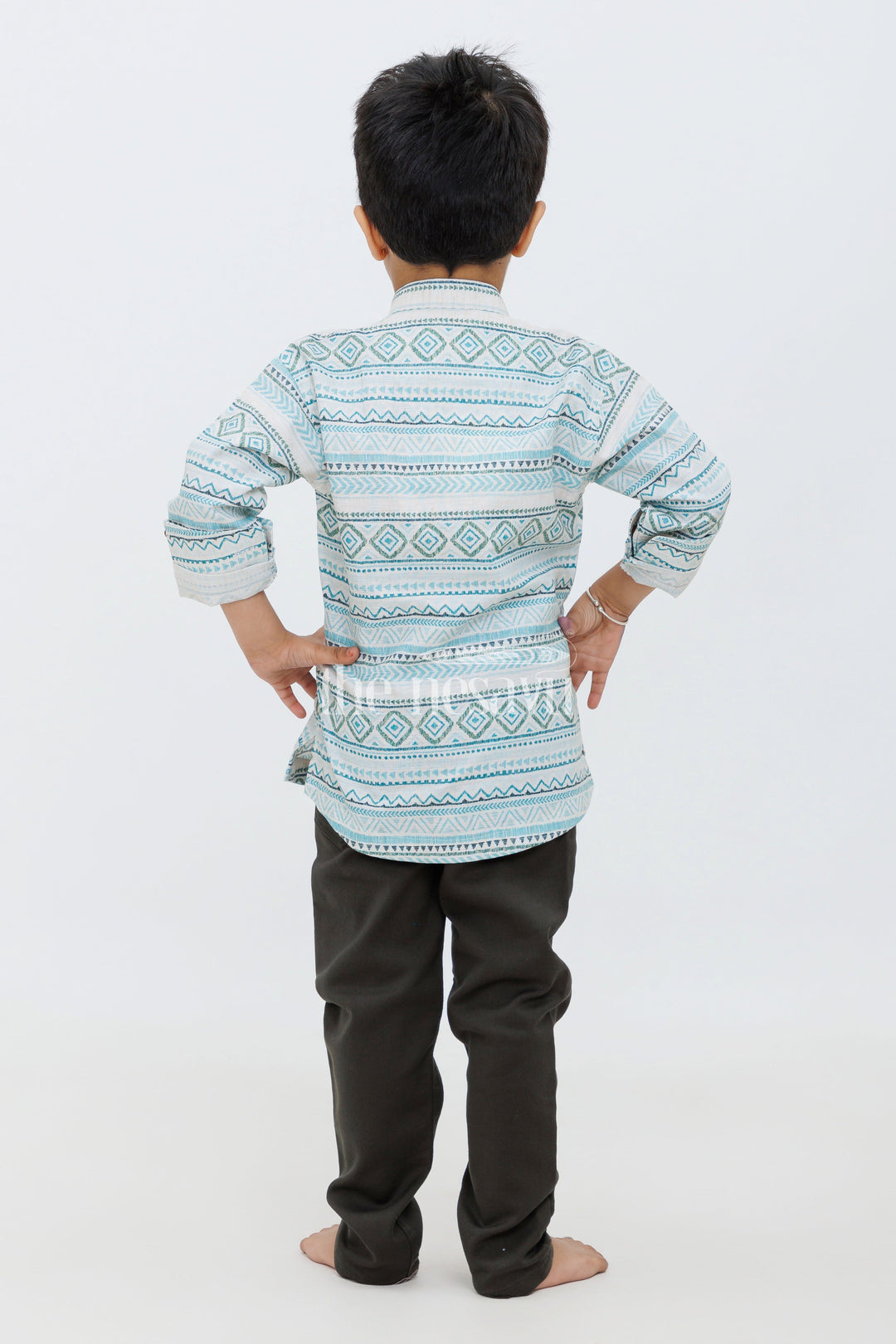 The Nesavu Boys Casual Set Boys Blue Aztec Geometric Print Shirt with Black Slim-Fit Pants - Modern Formal Set Nesavu Nesavu Boys Black Slim-Fit Pants Blue Geometric Print Shirt - Ethnic Modern Casual Set