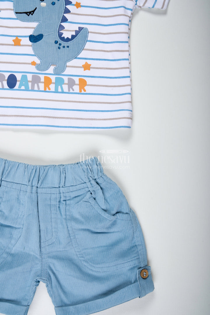The Nesavu Boys Casual Set Boys Blue Casual Matching Sets with Striped Dinosaur Tee and Coordinated Soft Shorts for Everyday Comfort Nesavu Nesavu Boys Blue Casual Matching Sets Dinosaur Patch Tee Soft Coordinated Shorts