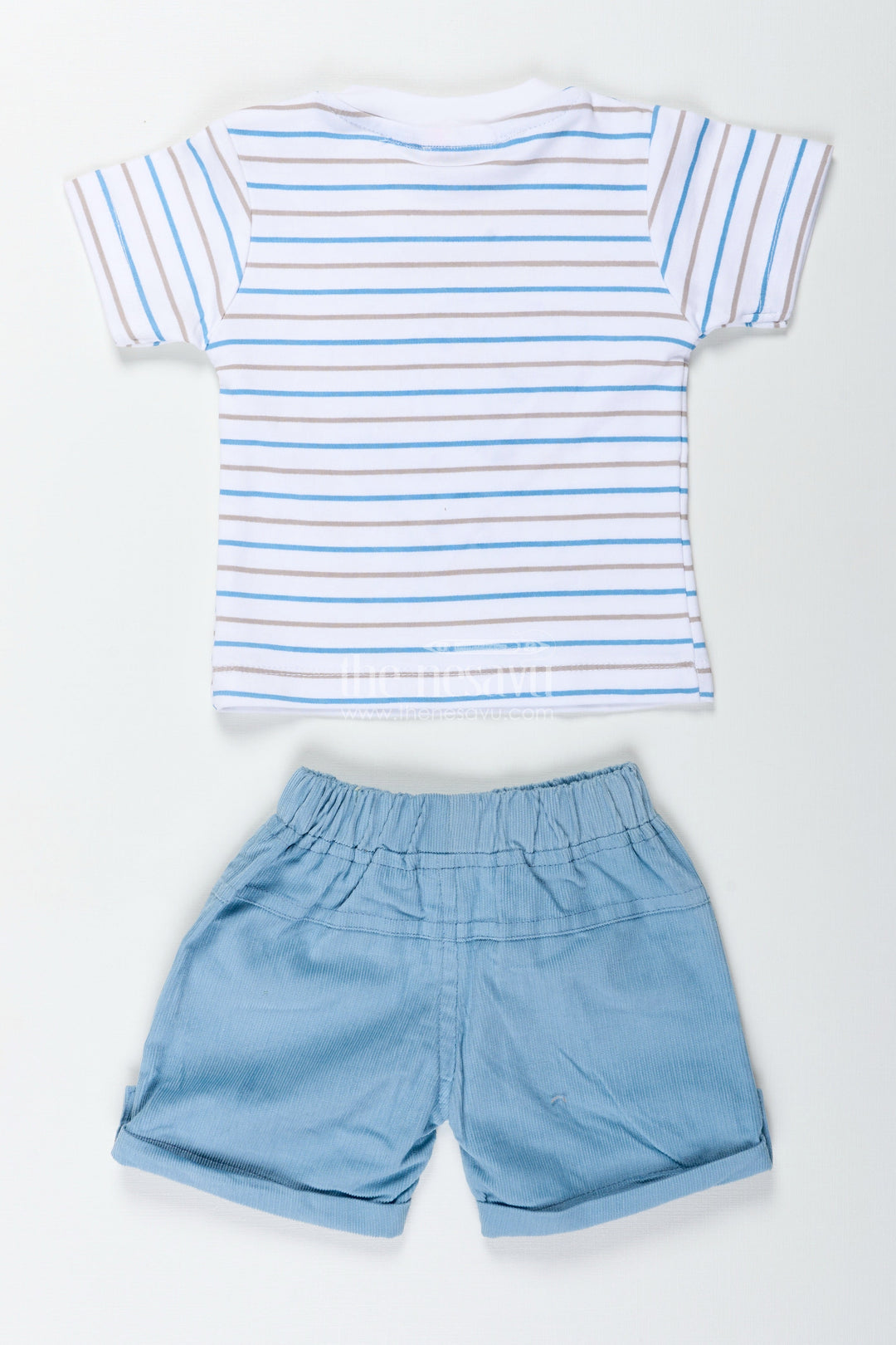 The Nesavu Boys Casual Set Boys Blue Casual Matching Sets with Striped Dinosaur Tee and Coordinated Soft Shorts for Everyday Comfort Nesavu Nesavu Boys Blue Casual Matching Sets Dinosaur Patch Tee Soft Coordinated Shorts