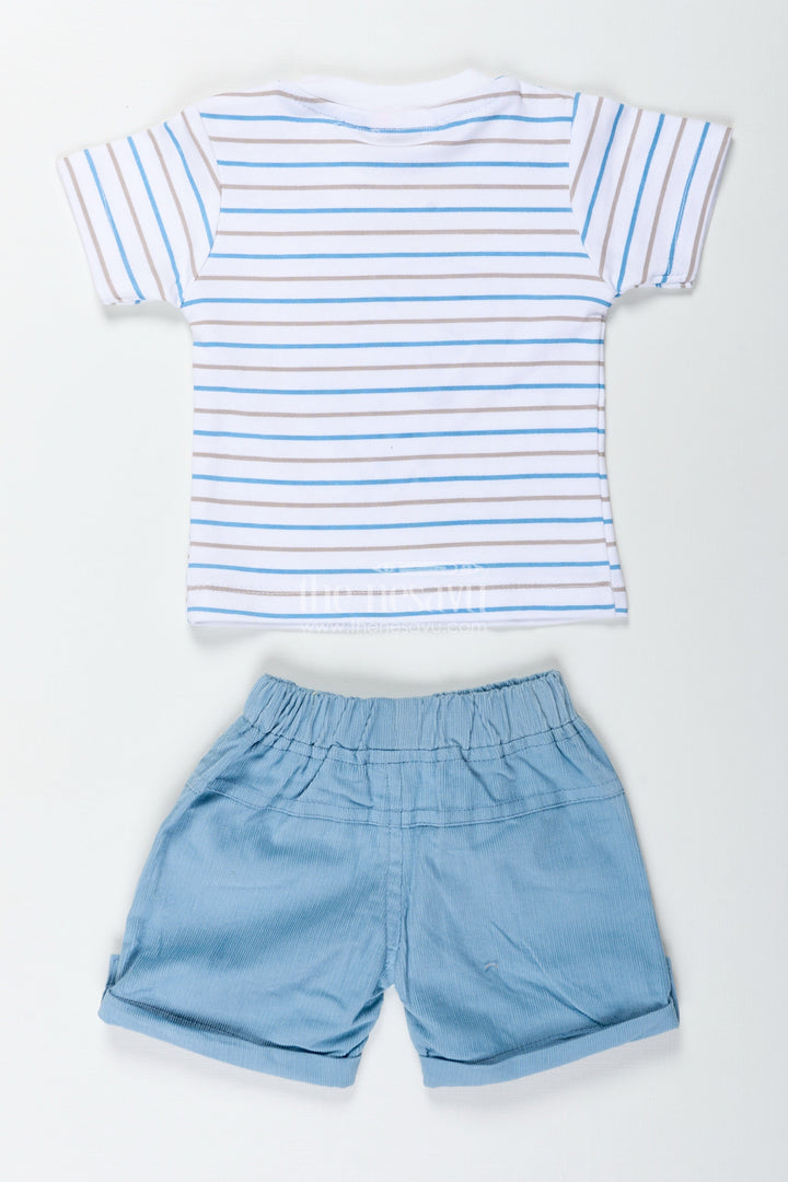 The Nesavu Boys Casual Set Boys Blue Casual Matching Sets with Striped Dinosaur Tee and Coordinated Soft Shorts for Everyday Comfort Nesavu Nesavu Boys Blue Casual Matching Sets Dinosaur Patch Tee Soft Coordinated Shorts