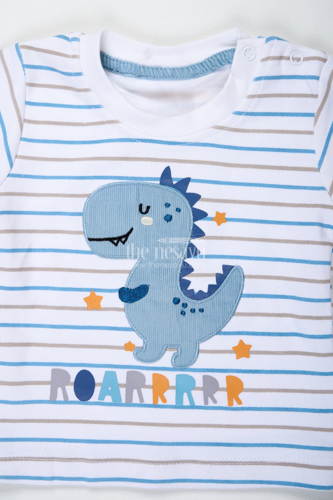 The Nesavu Boys Casual Set Boys Blue Casual Matching Sets with Striped Dinosaur Tee and Coordinated Soft Shorts for Everyday Comfort Nesavu Nesavu Boys Blue Casual Matching Sets Dinosaur Patch Tee Soft Coordinated Shorts