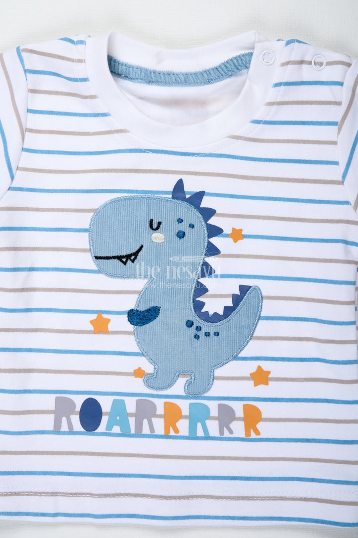 The Nesavu Boys Casual Set Boys Blue Casual Matching Sets with Striped Dinosaur Tee and Coordinated Soft Shorts for Everyday Comfort Nesavu Nesavu Boys Blue Casual Matching Sets Dinosaur Patch Tee Soft Coordinated Shorts