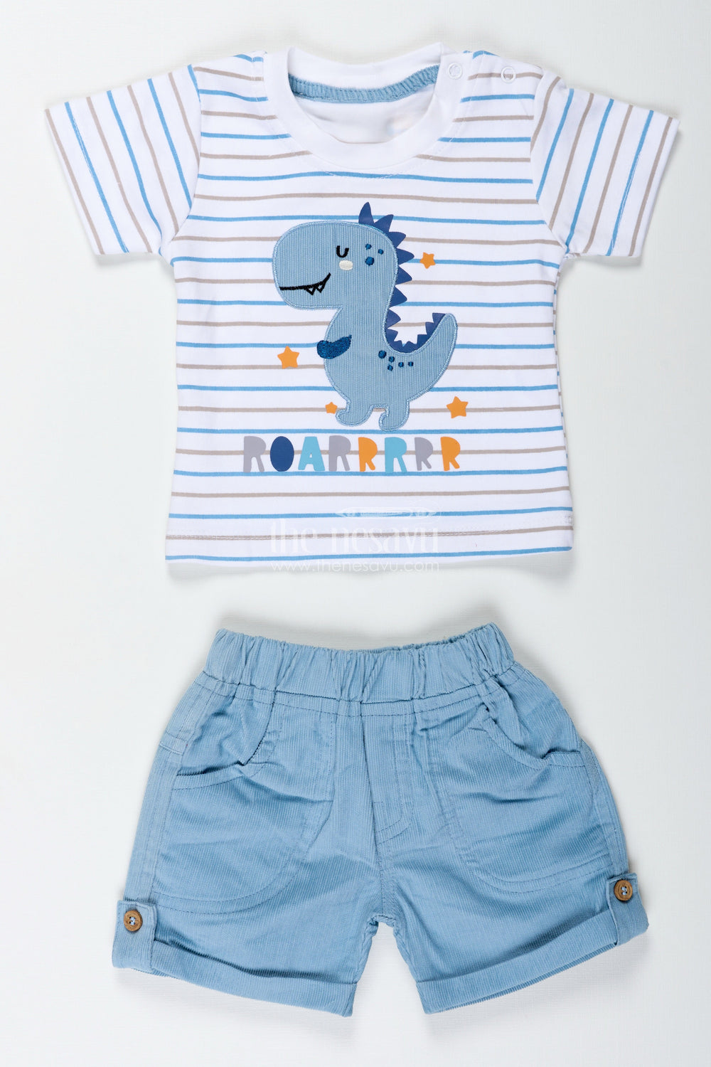 The Nesavu Boys Casual Set Boys Blue Casual Matching Sets with Striped Dinosaur Tee and Coordinated Soft Shorts for Everyday Comfort Nesavu Nesavu Boys Blue Casual Matching Sets Dinosaur Patch Tee Soft Coordinated Shorts