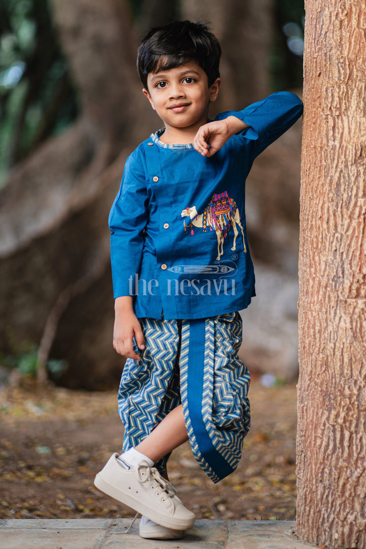 The Nesavu Boys Dothi Set Boys Blue Cotton Dhoti Set with Camel Print Kurta for Festive Occasions and Casual Gatherings Nesavu 10 (NB) / Blue BES583B-10 Nesavu Boys Blue Dhoti Set Chevron-Pattern Kurta Camel Print Festive Celebrations