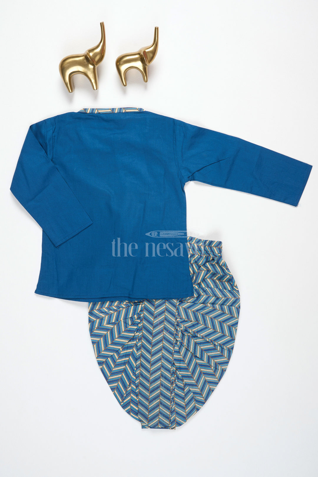 The Nesavu Boys Dothi Set Boys Blue Cotton Dhoti Set with Camel Print Kurta for Festive Occasions and Casual Gatherings Nesavu Nesavu Boys Blue Dhoti Set Chevron-Pattern Kurta Camel Print Festive Celebrations