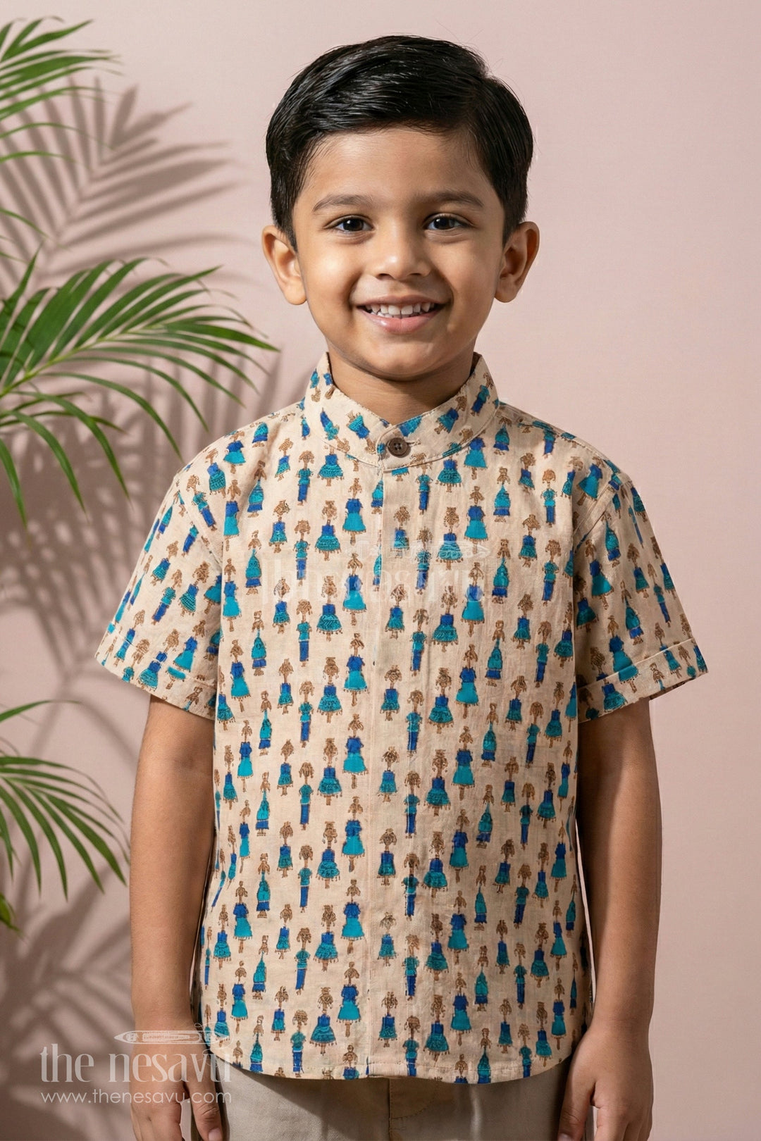 The Nesavu Boys Cotton Shirt Boys Blue Cotton Shirt with Little Girl Print and Short Sleeves for Everyday Fun Nesavu 16 (1Y) / Blue BS172C-16 Nesavu Boys Blue Cotton Shirt Little Girl Print Casual Wear Everyday Fun