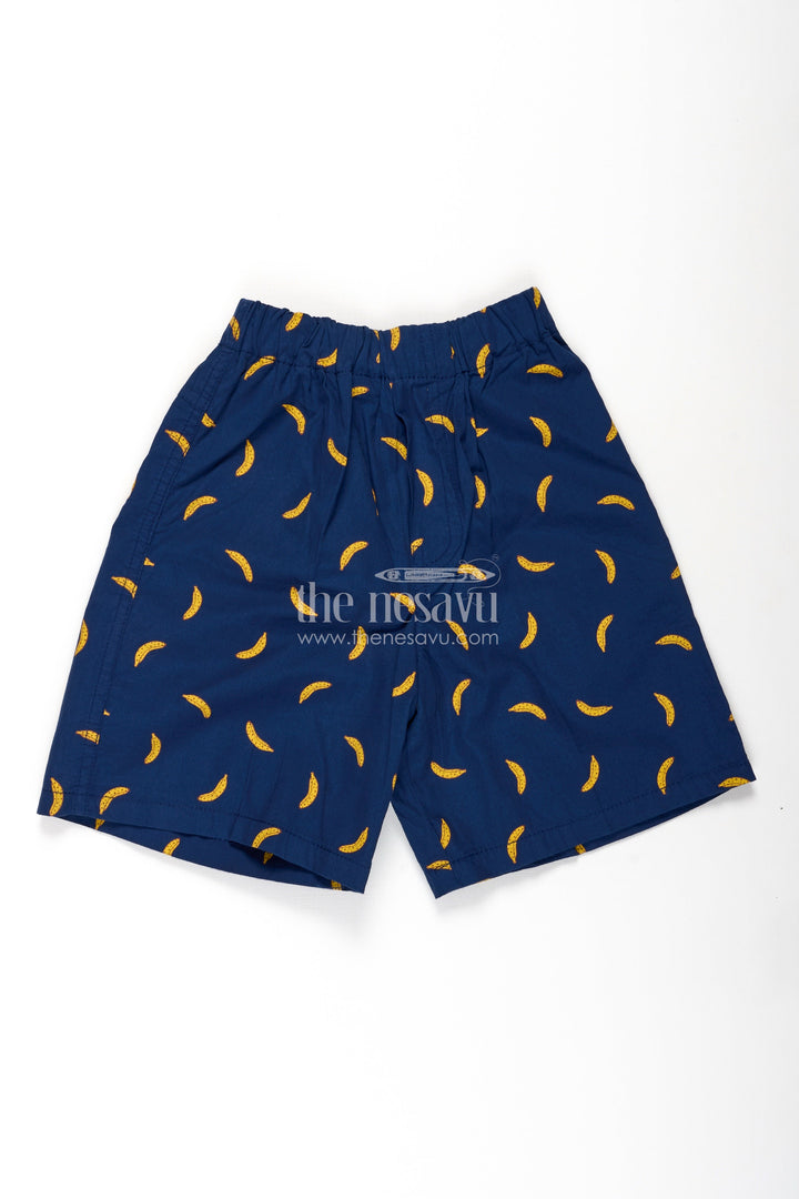 The Nesavu Boys Shorts Boys Blue Cotton Shorts with Yellow Banana Digital Print and Soft Elastic Waist for Daily Comfort Nesavu 18 (2Y) / Blue BWS025A-18 Nesavu Boys Blue Cotton Shorts Banana Print Comfortable All Over Digital Design