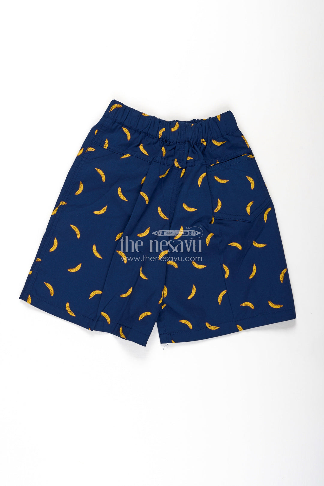 The Nesavu Boys Shorts Boys Blue Cotton Shorts with Yellow Banana Digital Print and Soft Elastic Waist for Daily Comfort Nesavu Nesavu Boys Blue Cotton Shorts Banana Print Comfortable All Over Digital Design