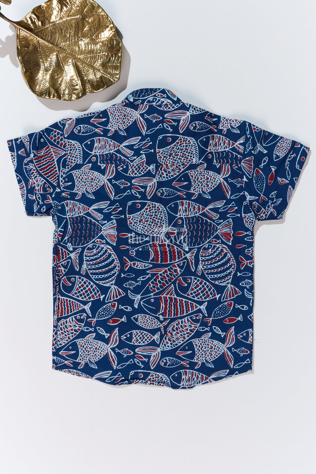 The Nesavu Boys Cotton Shirt Boys Blue Designer Shirt in Cotton Block Print with Vibrant Fish Pattern Nesavu Boys Blue Designer Shirt Cotton Block Print Colorful Fish Motif | The Nesavu