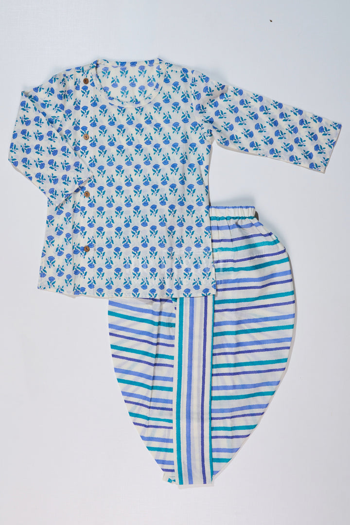 The Nesavu Boys Dothi Set Boys Blue Floral Dhoti Kurta Dress with Striped Cotton Dhoti for Ethnic Wear Nesavu 12 (3M) / Blue BES633A-12 Boys Floral Printed Dhoti Kurta Dress Blue Green Striped Dhoti | The Nesavu