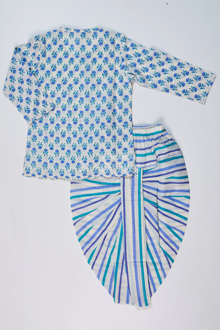The Nesavu Boys Dothi Set Boys Blue Floral Dhoti Kurta Dress with Striped Cotton Dhoti for Ethnic Wear Nesavu Boys Floral Printed Dhoti Kurta Dress Blue Green Striped Dhoti | The Nesavu