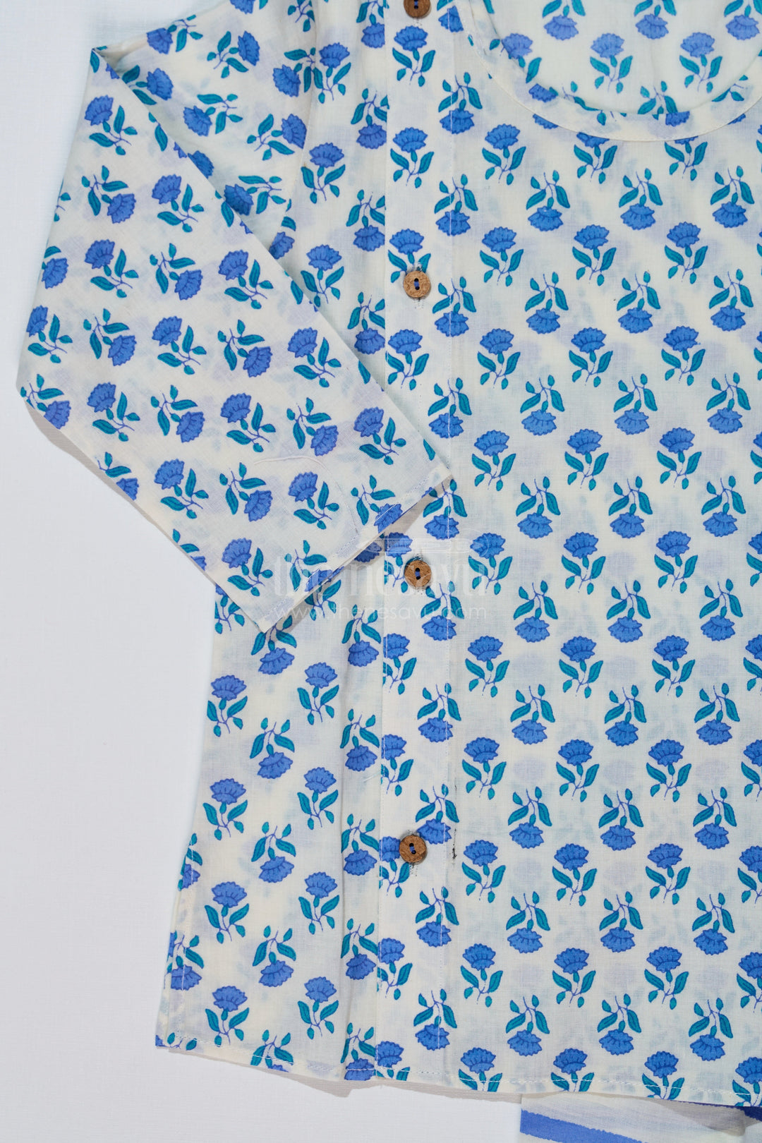 The Nesavu Boys Dothi Set Boys Blue Floral Dhoti Kurta Dress with Striped Cotton Dhoti for Ethnic Wear Nesavu Boys Floral Printed Dhoti Kurta Dress Blue Green Striped Dhoti | The Nesavu