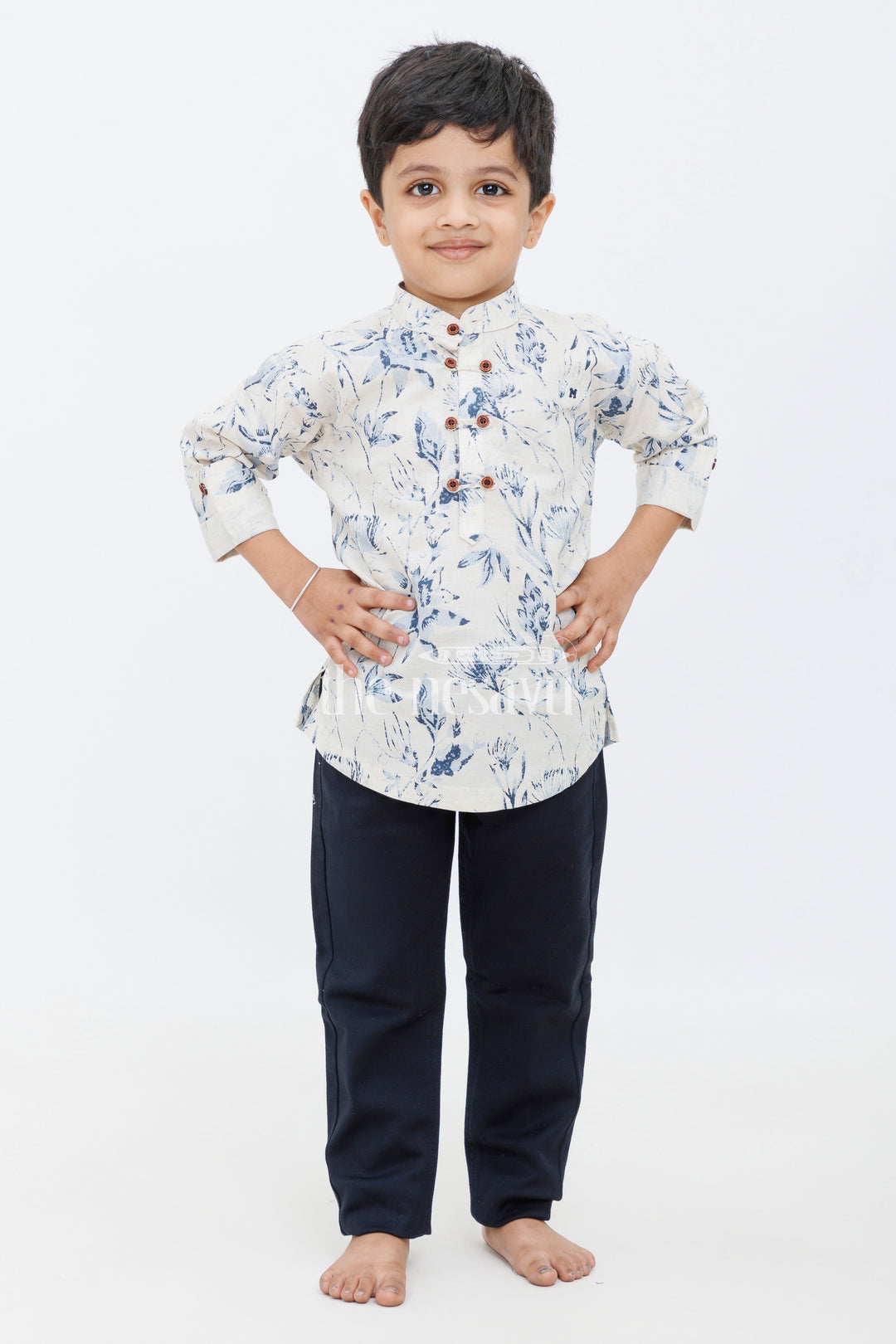 The Nesavu Boys Casual Set Boys Blue Floral Print Shirt with Black Slim-Fit Trousers - Elegant Casual Outfit Nesavu 16 (1Y) / Blue BCS149A-16 Nesavu Boys Black Slim-Fit Pants Blue Floral Shirt - Modern Traditional Set