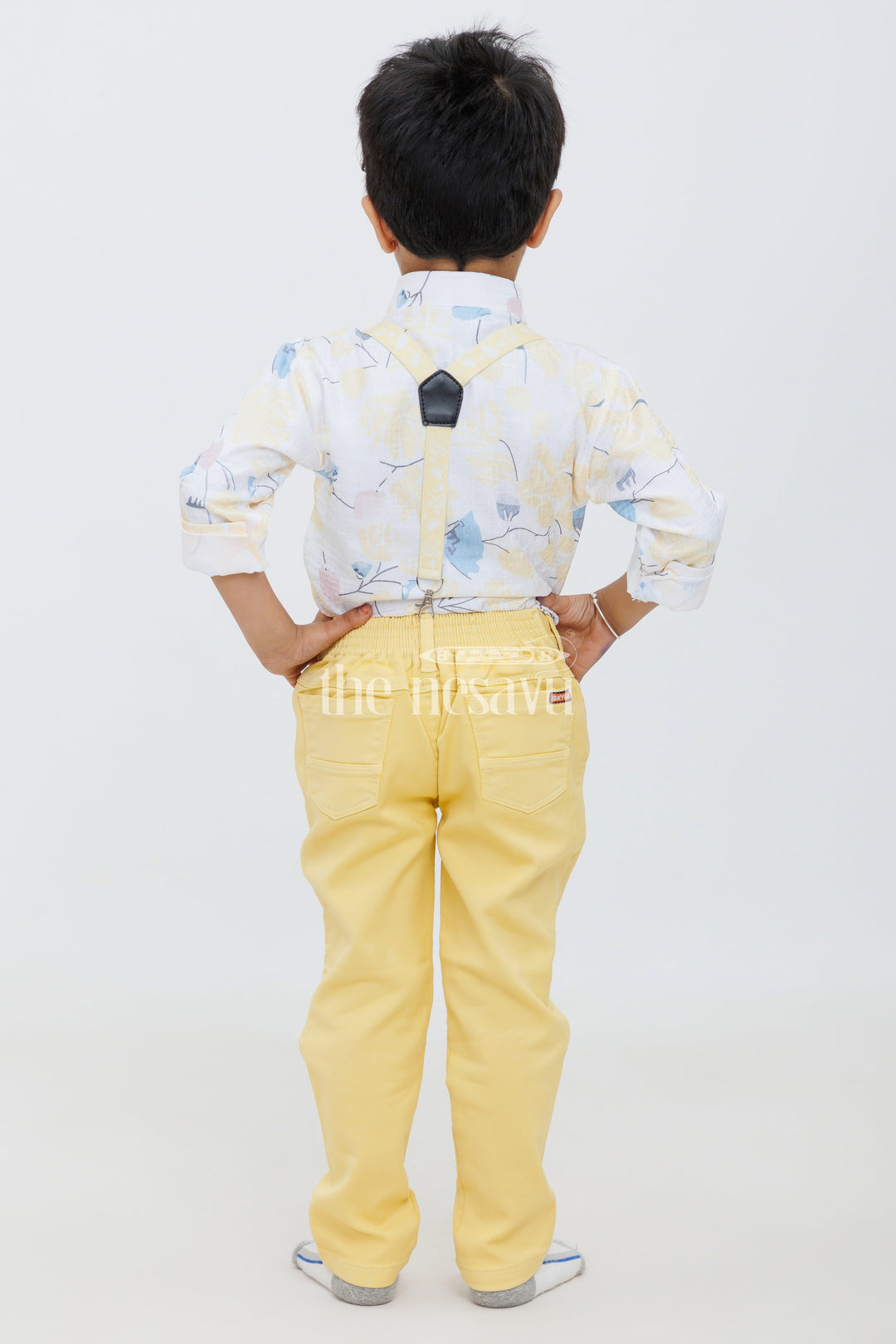 The Nesavu Boys Casual Set Boys Blue Formal Leaf Print Shirt with Mustard Yellow Pants and Suspenders - Stylish Casual Set Nesavu Nesavu Boys Mustard Yellow Pants Blue Leaf Print Shirt Suspenders - Trendy Formal Casual Set