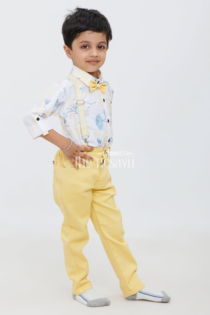 The Nesavu Boys Casual Set Boys Blue Formal Leaf Print Shirt with Mustard Yellow Pants and Suspenders - Stylish Casual Set Nesavu Nesavu Boys Mustard Yellow Pants Blue Leaf Print Shirt Suspenders - Trendy Formal Casual Set