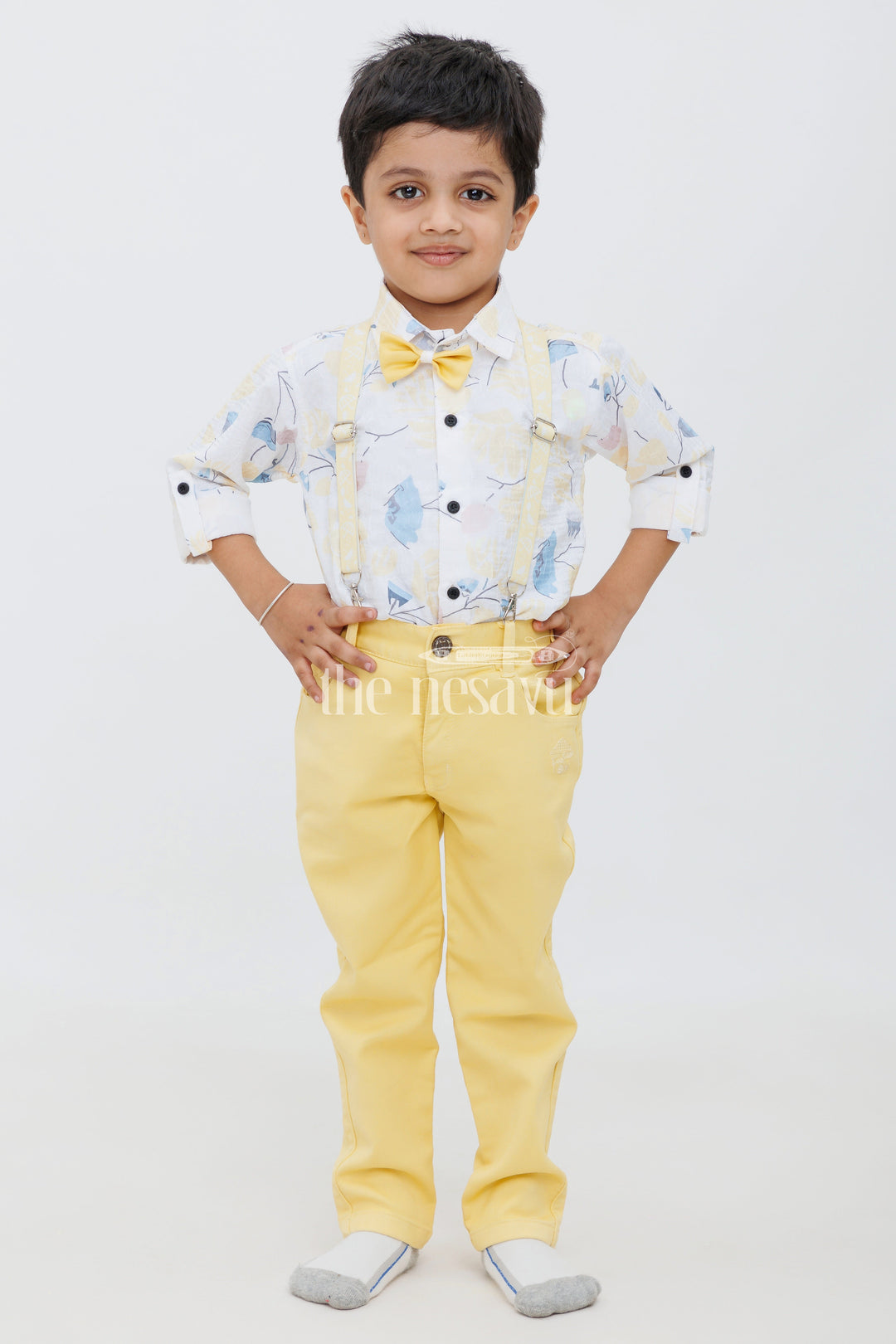 The Nesavu Boys Casual Set Boys Blue Formal Leaf Print Shirt with Mustard Yellow Pants and Suspenders - Stylish Casual Set Nesavu Nesavu Boys Mustard Yellow Pants Blue Leaf Print Shirt Suspenders - Trendy Formal Casual Set