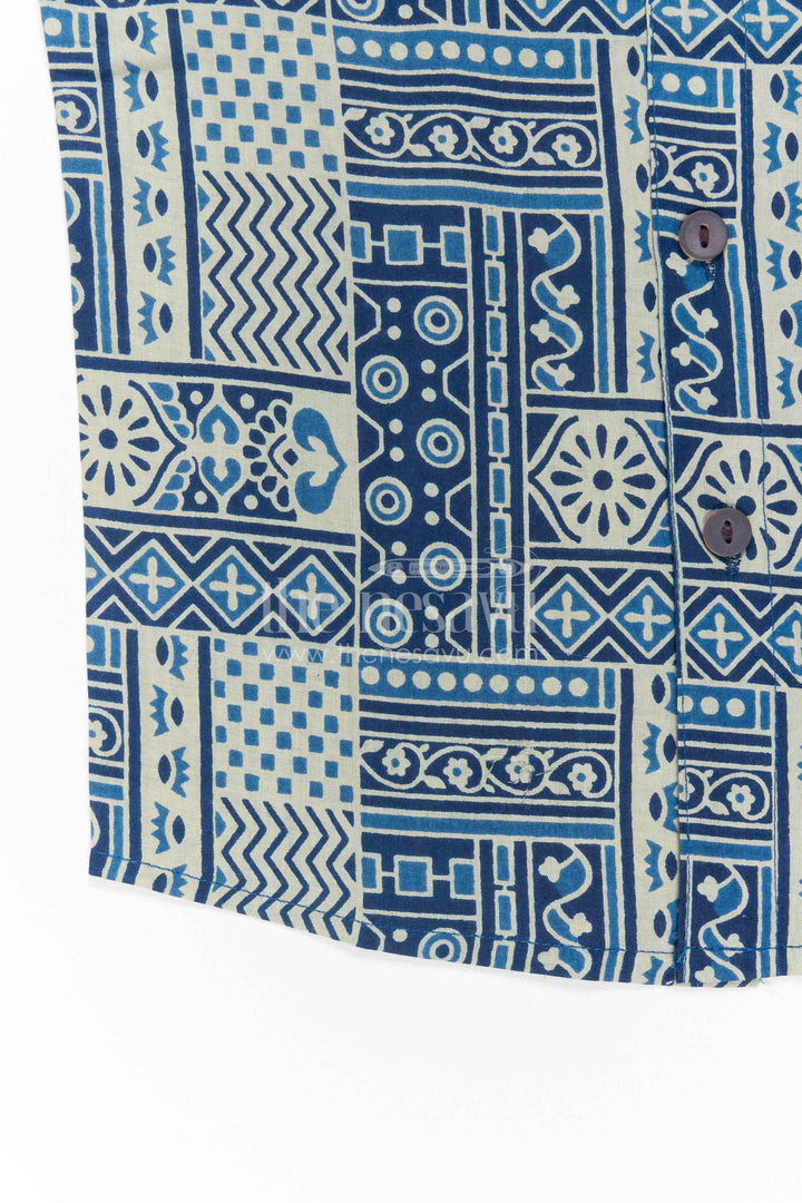 The Nesavu Boys Cotton Shirt Boys Blue Printed Cotton Shirt for Parties and Casual Wear Nesavu Nesavu Boys Blue Cotton Printed Shirt With Geometric Digital Design For Casual Party Wear