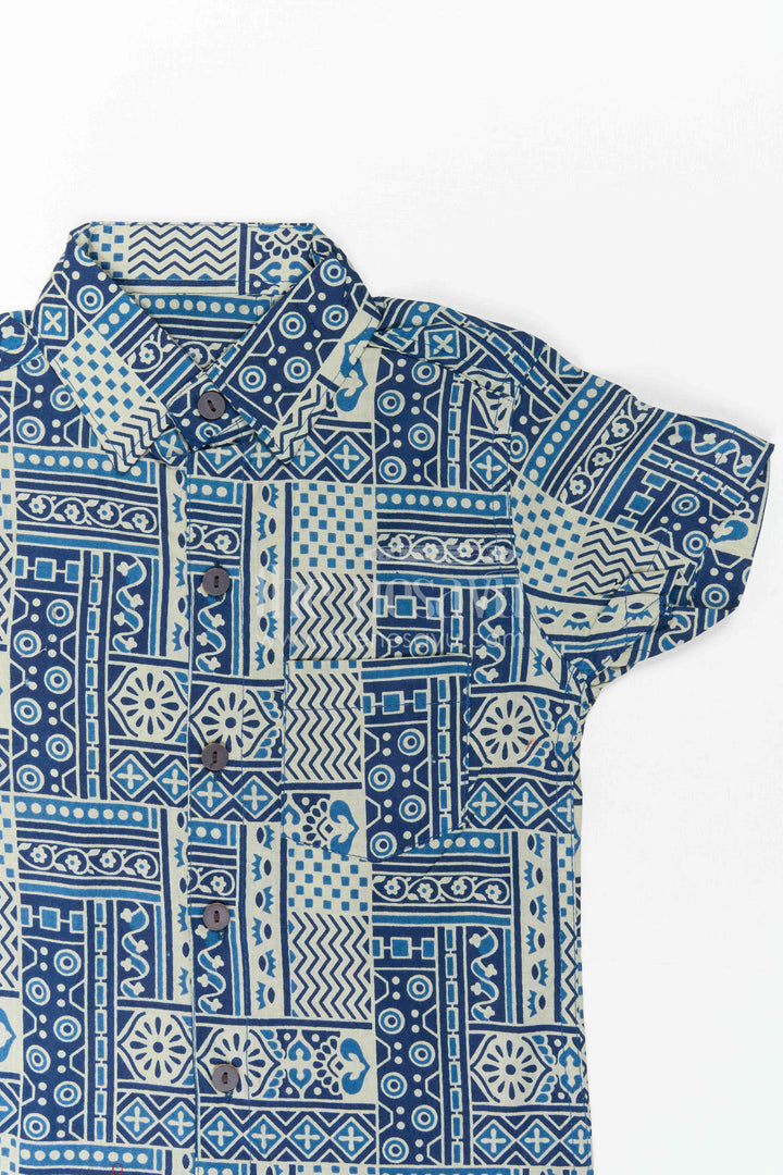 The Nesavu Boys Cotton Shirt Boys Blue Printed Cotton Shirt for Parties and Casual Wear Nesavu Nesavu Boys Blue Cotton Printed Shirt With Geometric Digital Design For Casual Party Wear
