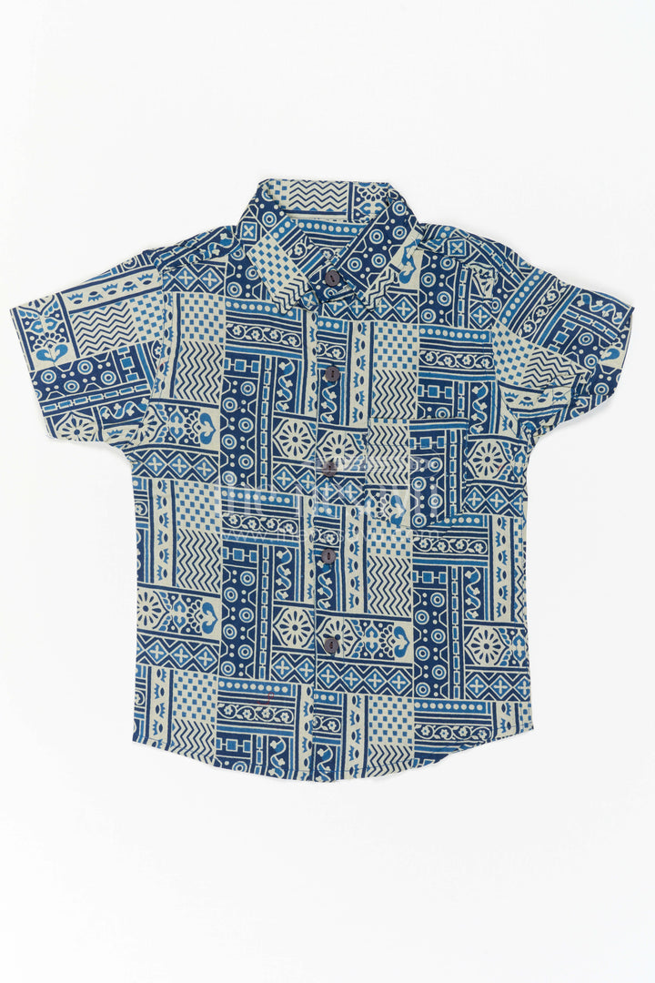 The Nesavu Boys Cotton Shirt Boys Blue Printed Cotton Shirt for Parties and Casual Wear Nesavu Nesavu Boys Blue Cotton Printed Shirt With Geometric Digital Design For Casual Party Wear
