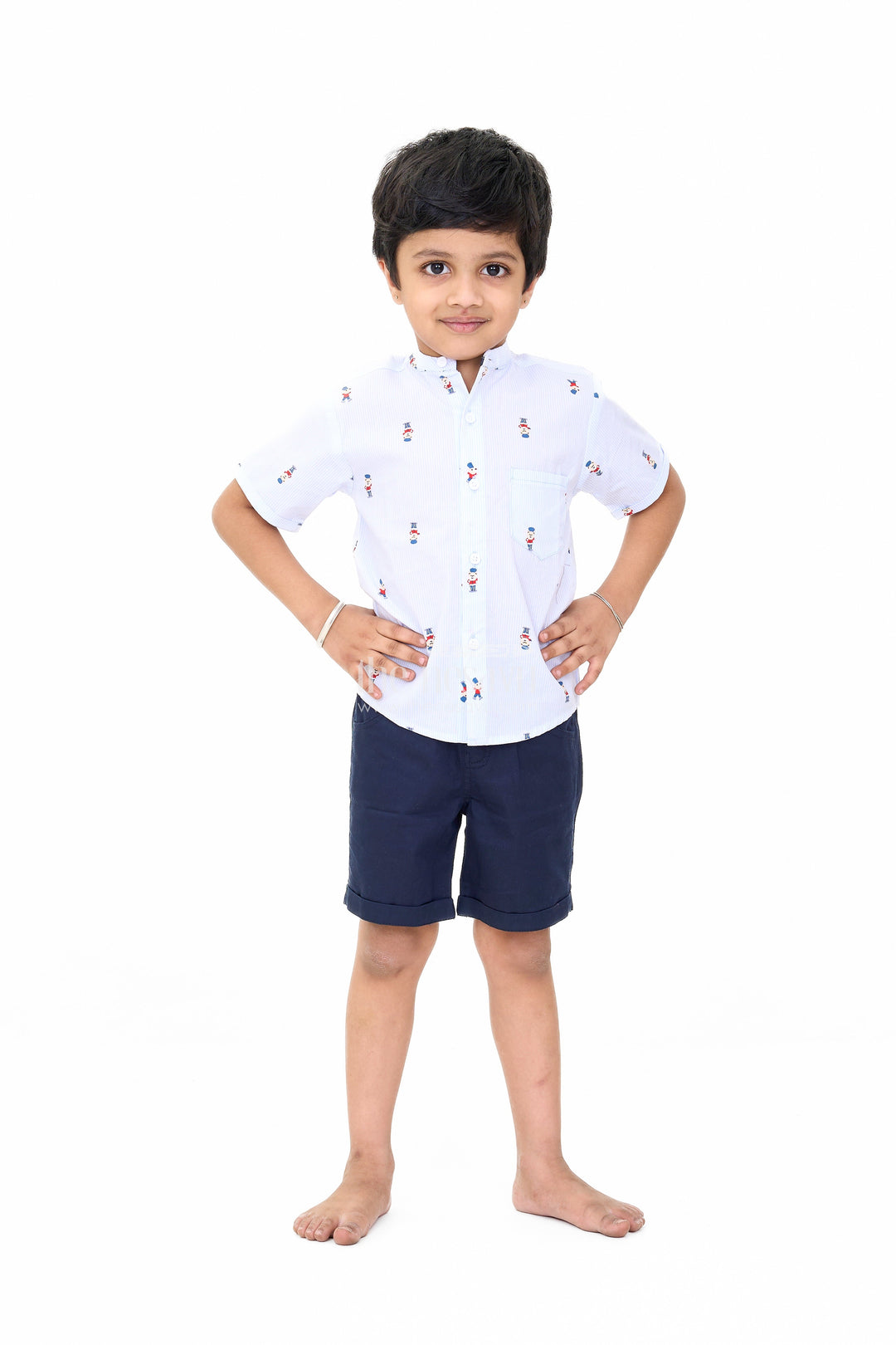 The Nesavu Boys Casual Set Boys Blue Printed Shirt and Black Shorts Set for Casual Outings Nesavu 14 (6M) / Blue BCS200A-14 Boys Printed Shirt Black Shorts Set Comfortable Stylish Casual Outfits | The Nesavu