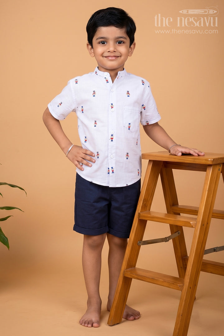 The Nesavu Boys Casual Set Boys Blue Printed Shirt and Black Shorts Set for Casual Outings Nesavu 14 (6M) / Blue BCS200A-14 Boys Printed Shirt Black Shorts Set Comfortable Stylish Casual Outfits | The Nesavu