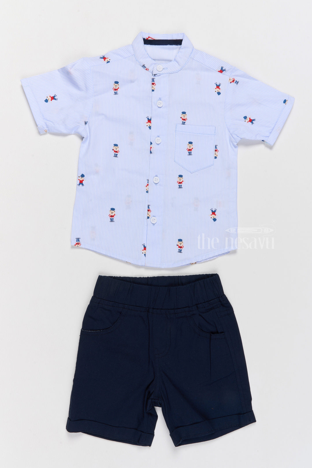 The Nesavu Boys Casual Set Boys Blue Printed Shirt and Black Shorts Set for Casual Outings Nesavu Boys Printed Shirt Black Shorts Set Comfortable Stylish Casual Outfits | The Nesavu