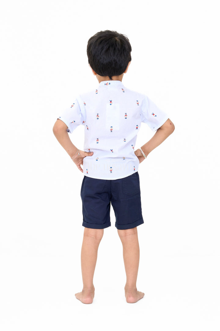 The Nesavu Boys Casual Set Boys Blue Printed Shirt and Black Shorts Set for Casual Outings Nesavu Boys Printed Shirt Black Shorts Set Comfortable Stylish Casual Outfits | The Nesavu