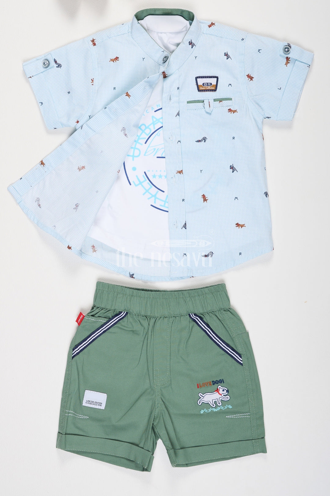 The Nesavu Boys Casual Set Boys Blue Puppy Print Shirt with Green Shorts ThreePiece Set Nesavu 14 (6M) / Blue BCS124A-14 Boys Blue Puppy Print Shirt with Green Shorts Three-Piece Set Nesavu