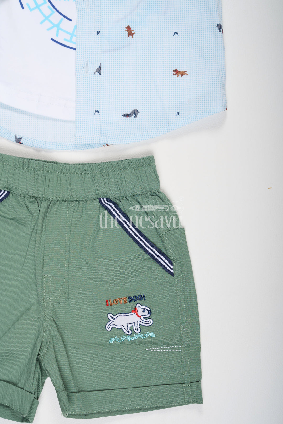 The Nesavu Boys Casual Set Boys Blue Puppy Print Shirt with Green Shorts ThreePiece Set Nesavu Boys Blue Puppy Print Shirt with Green Shorts Three-Piece Set Nesavu