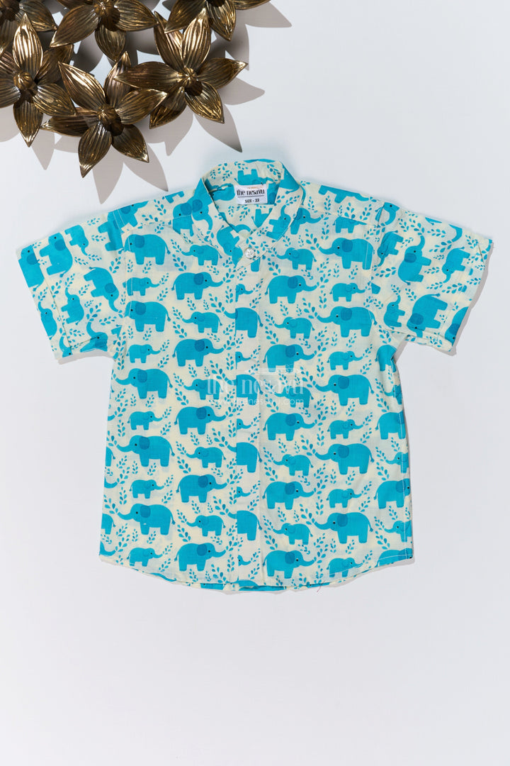 The Nesavu Boys Cotton Shirt Boys Blue Shirt Half Sleeve in Cotton Block Print with Adorable Elephant Motif Nesavu 16 (1Y) / Blue BS242B-16 Boys Blue Shirt Half Sleeve Cotton Block Print Elephant Design | The Nesavu
