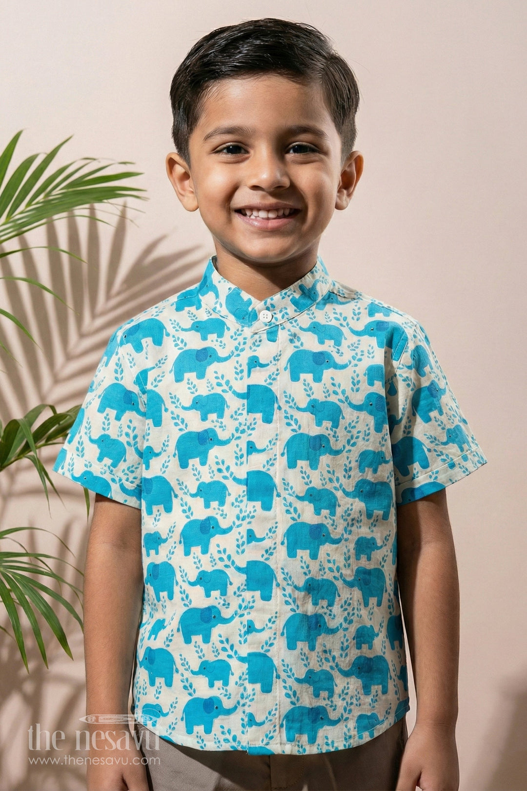 The Nesavu Boys Cotton Shirt Boys Blue Shirt Half Sleeve in Cotton Block Print with Adorable Elephant Motif Nesavu 16 (1Y) / Blue BS242B-16 Boys Blue Shirt Half Sleeve Cotton Block Print Elephant Design | The Nesavu