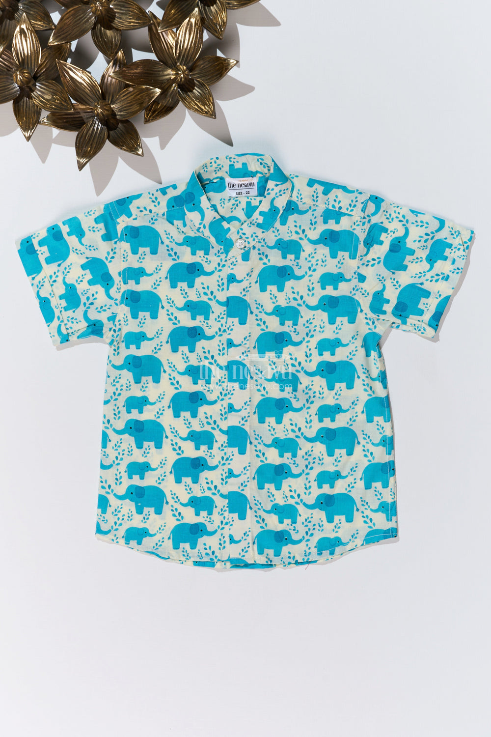 The Nesavu Boys Cotton Shirt Boys Blue Shirt Half Sleeve in Cotton Block Print with Adorable Elephant Motif Nesavu 16 (1Y) / Blue BS242B-16 Nesavu Boys Blue Shirt Half Sleeve Cotton Block Print Elephant Design